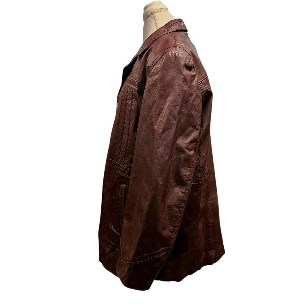 70s Dark Cherry Red Brown Leather‎ Coat Removable Sherpa Liner Sz 50 XL Disco